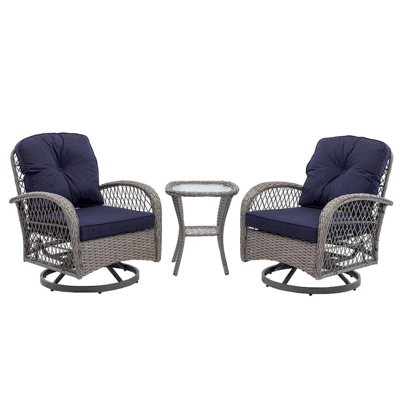 Ensemble de 3 fauteuils de jardin pivotants en rotin avec table basse en verre