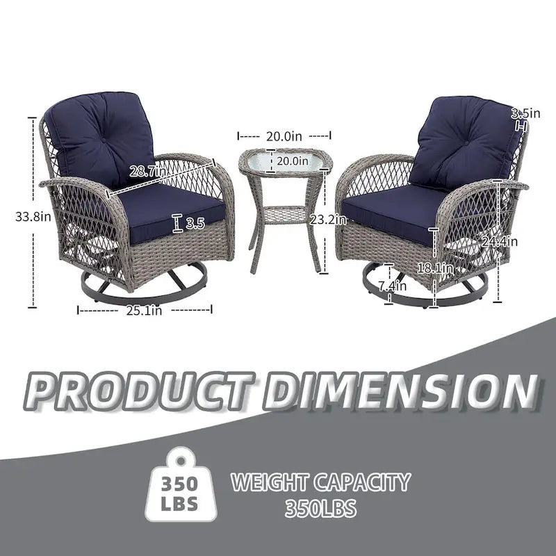 Ensemble de 3 fauteuils de jardin pivotants en rotin avec table basse en verre