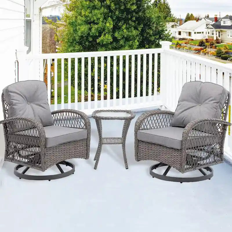 Ensemble de 3 fauteuils de jardin pivotants en rotin avec table basse en verre