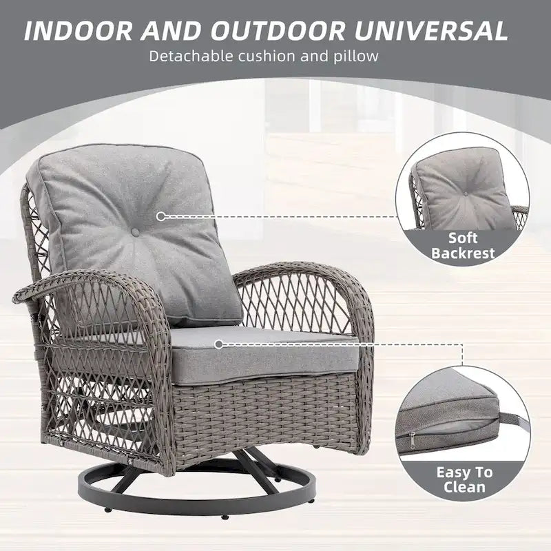 Ensemble de 3 fauteuils de jardin pivotants en rotin avec table basse en verre