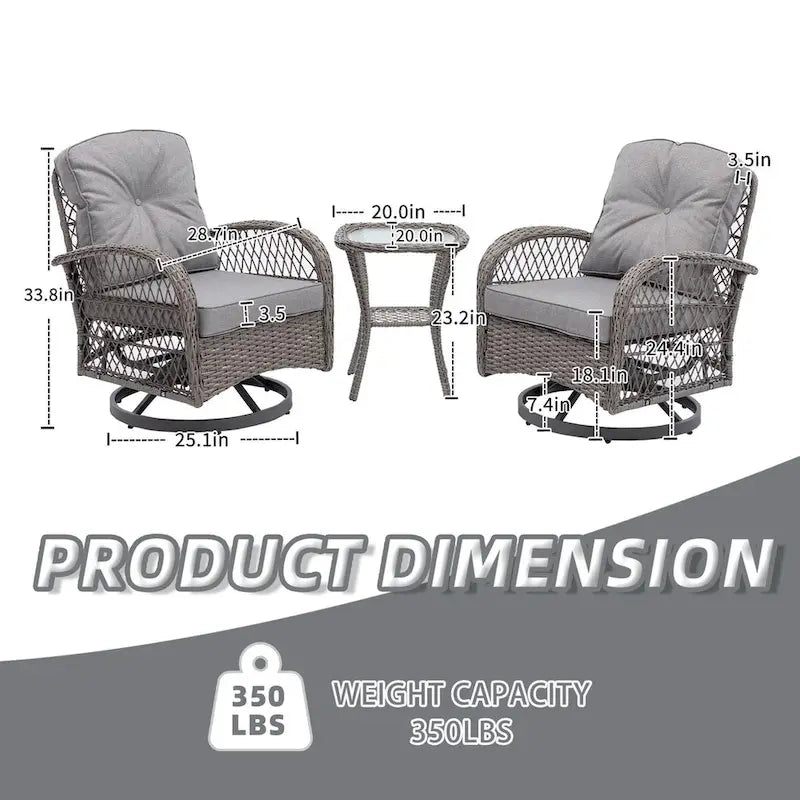 Ensemble de 3 fauteuils de jardin pivotants en rotin avec table basse en verre