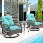 Ensemble de 3 fauteuils de jardin pivotants en rotin avec table basse en verre