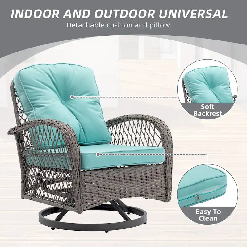 Ensemble de 3 fauteuils de jardin pivotants en rotin avec table basse en verre