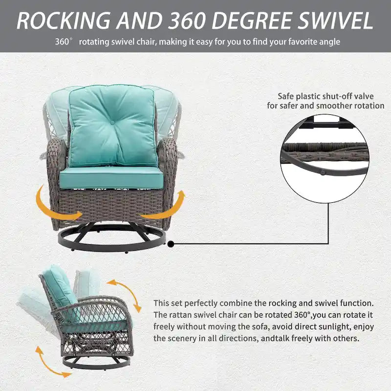Ensemble de 3 fauteuils de jardin pivotants en rotin avec table basse en verre