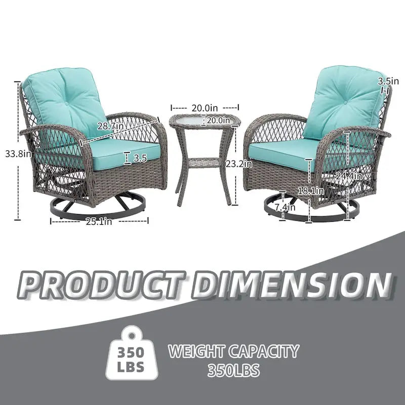 Ensemble de 3 fauteuils de jardin pivotants en rotin avec table basse en verre