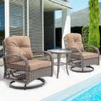Ensemble de 3 fauteuils de jardin pivotants en rotin avec table basse en verre