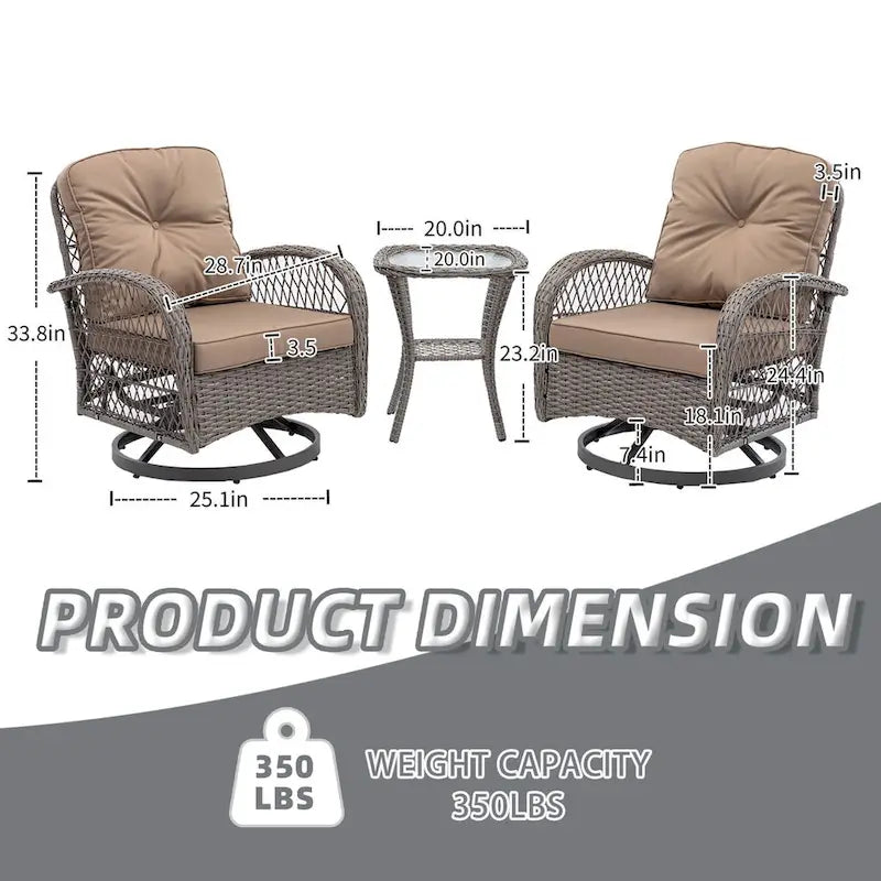 Ensemble de 3 fauteuils de jardin pivotants en rotin avec table basse en verre