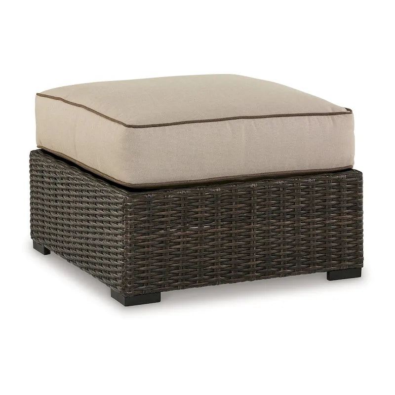 Pouf d'extérieur Waga 74 cm, assise rembourrée, résine tressée, marron et beige