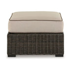 Pouf d'extérieur Waga 74 cm, assise rembourrée, résine tressée, marron et beige