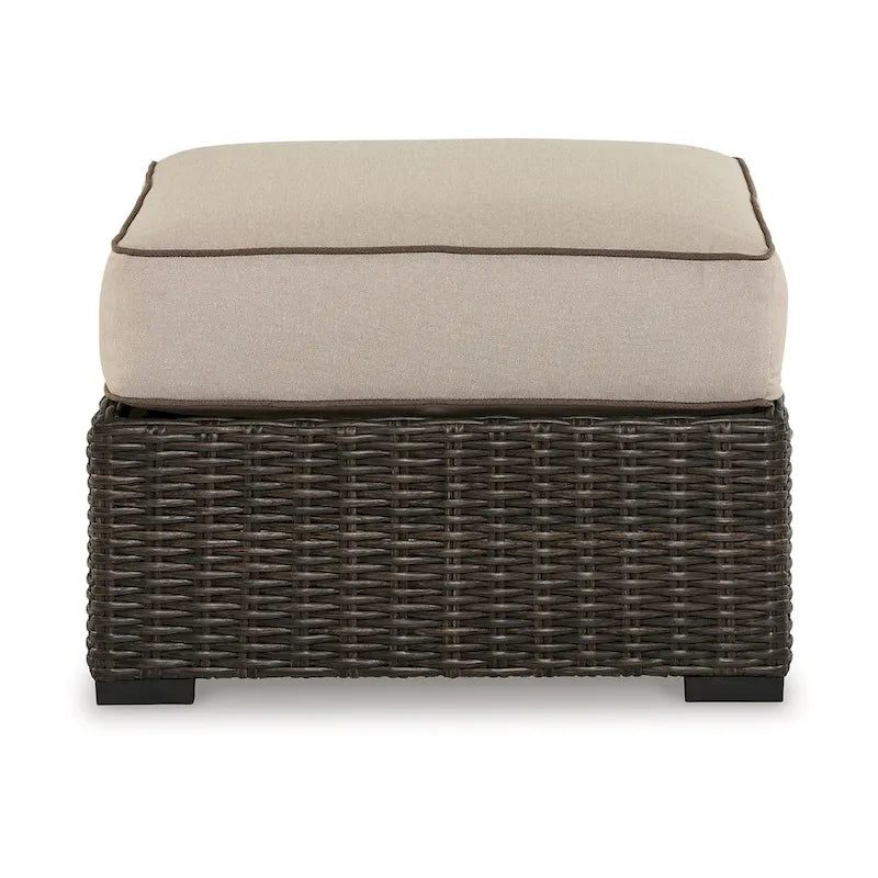 Pouf d'extérieur Waga 74 cm, assise rembourrée, résine tressée, marron et beige