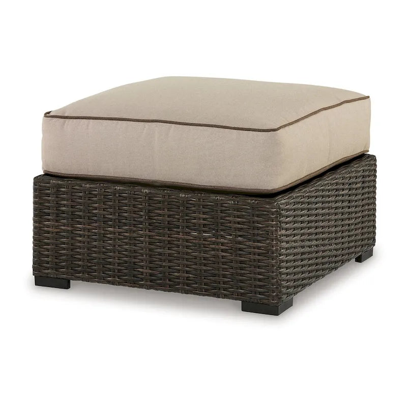 Pouf d'extérieur Waga 74 cm, assise rembourrée, résine tressée, marron et beige