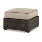 Pouf d'extérieur Waga 74 cm, assise rembourrée, résine tressée, marron et beige