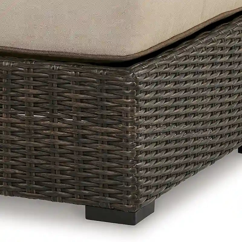 Pouf d'extérieur Waga 74 cm, assise rembourrée, résine tressée, marron et beige