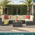 Ensemble de conversation Moasis 7 pièces pour patio, comprenant un canapé d'angle extérieur avec coussins et une table basse, idéal pour le jardin, le balcon ou la cour.