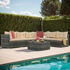 Ensemble de conversation Moasis 7 pièces pour patio, comprenant un canapé d'angle extérieur avec coussins et une table basse, idéal pour le jardin, le balcon ou la cour.
