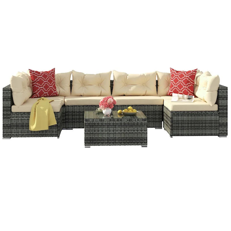 Ensemble de conversation Moasis 7 pièces pour patio, comprenant un canapé d'angle extérieur avec coussins et une table basse, idéal pour le jardin, le balcon ou la cour.