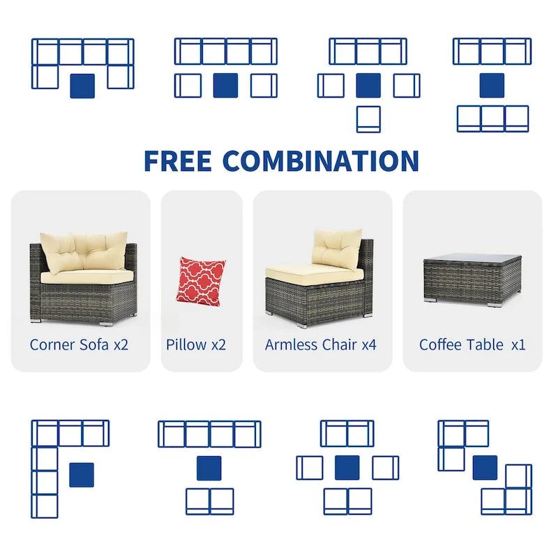 Ensemble de conversation Moasis 7 pièces pour patio, comprenant un canapé d'angle extérieur avec coussins et une table basse, idéal pour le jardin, le balcon ou la cour.