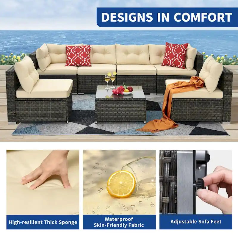 Ensemble de conversation Moasis 7 pièces pour patio, comprenant un canapé d'angle extérieur avec coussins et une table basse, idéal pour le jardin, le balcon ou la cour.