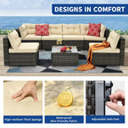 Ensemble de conversation Moasis 7 pièces pour patio, comprenant un canapé d'angle extérieur avec coussins et une table basse, idéal pour le jardin, le balcon ou la cour.