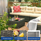 Ensemble de conversation Moasis 7 pièces pour patio, comprenant un canapé d'angle extérieur avec coussins et une table basse, idéal pour le jardin, le balcon ou la cour.