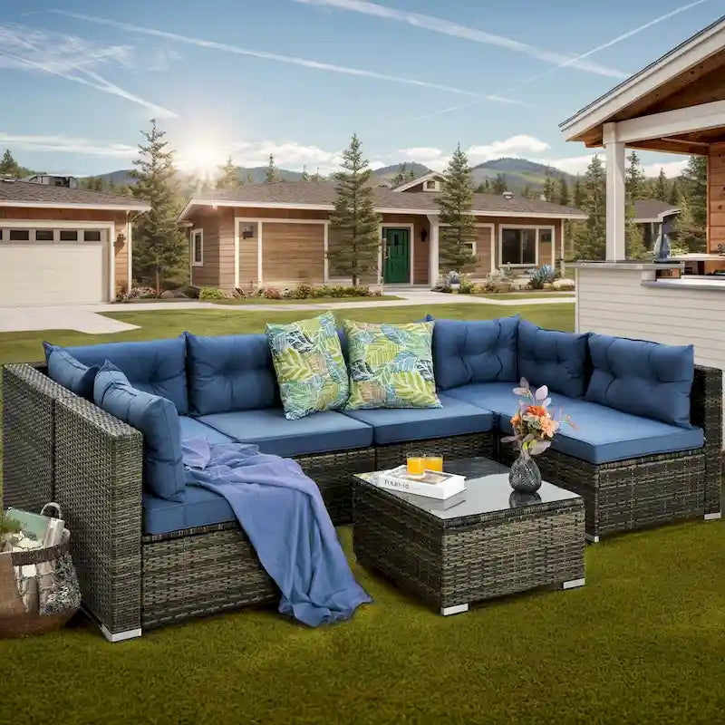 Ensemble de conversation Moasis 7 pièces pour patio, comprenant un canapé d'angle extérieur avec coussins et une table basse, idéal pour le jardin, le balcon ou la cour.