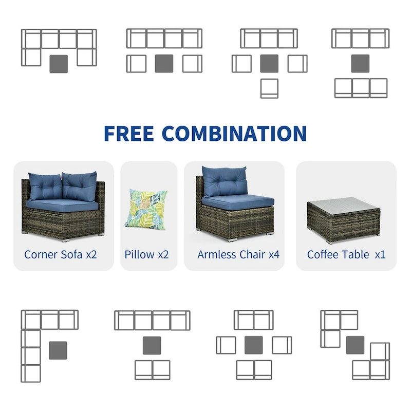Ensemble de conversation Moasis 7 pièces pour patio, comprenant un canapé d'angle extérieur avec coussins et une table basse, idéal pour le jardin, le balcon ou la cour.