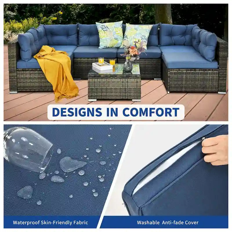 Ensemble de conversation Moasis 7 pièces pour patio, comprenant un canapé d'angle extérieur avec coussins et une table basse, idéal pour le jardin, le balcon ou la cour.