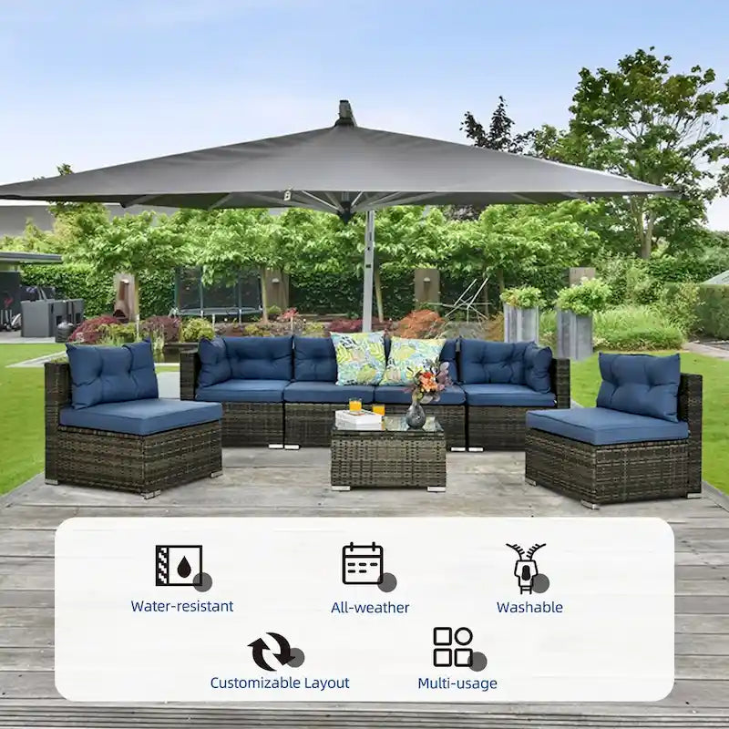 Ensemble de conversation Moasis 7 pièces pour patio, comprenant un canapé d'angle extérieur avec coussins et une table basse, idéal pour le jardin, le balcon ou la cour.
