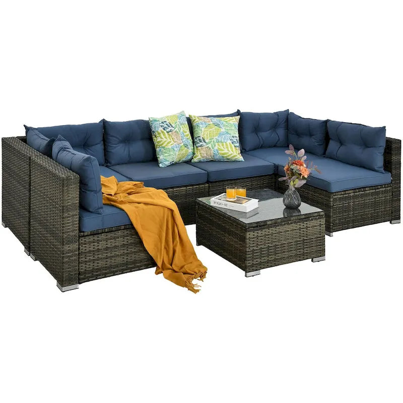 Ensemble de conversation Moasis 7 pièces pour patio, comprenant un canapé d'angle extérieur avec coussins et une table basse, idéal pour le jardin, le balcon ou la cour.