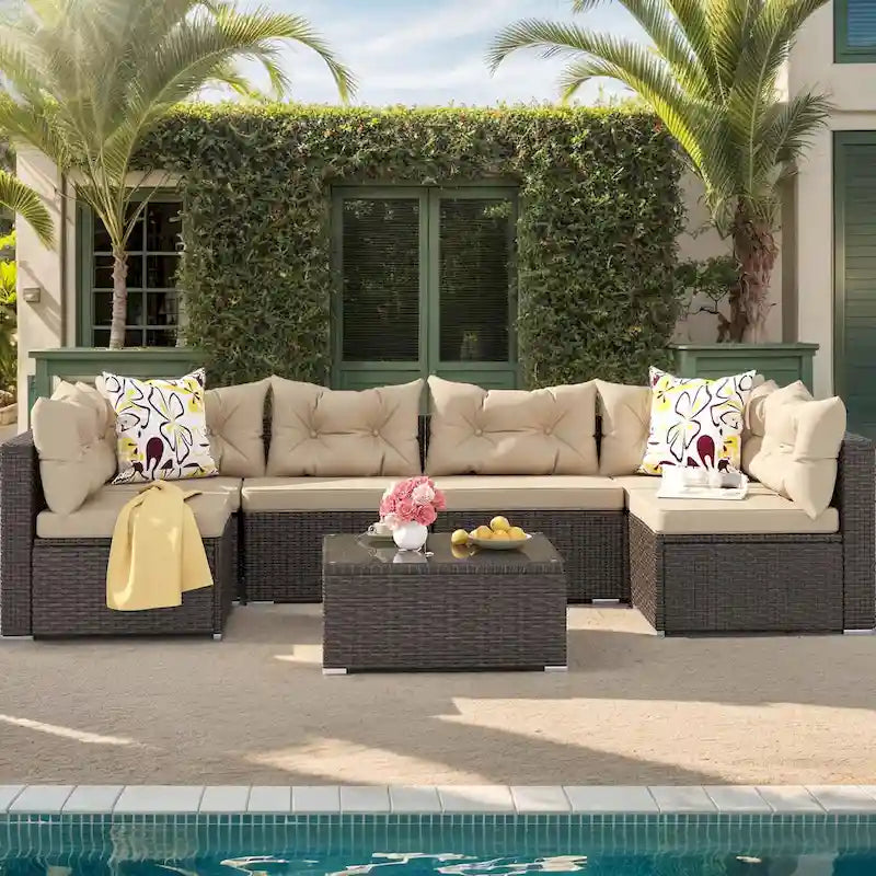 Ensemble de conversation Moasis 7 pièces pour patio, comprenant un canapé d'angle extérieur avec coussins et une table basse, idéal pour le jardin, le balcon ou la cour.