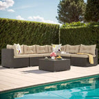 Ensemble de conversation Moasis 7 pièces pour patio, comprenant un canapé d'angle extérieur avec coussins et une table basse, idéal pour le jardin, le balcon ou la cour.