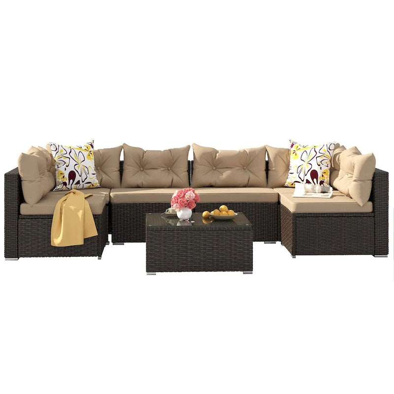 Ensemble de conversation Moasis 7 pièces pour patio, comprenant un canapé d'angle extérieur avec coussins et une table basse, idéal pour le jardin, le balcon ou la cour.