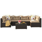 Ensemble de conversation Moasis 7 pièces pour patio, comprenant un canapé d'angle extérieur avec coussins et une table basse, idéal pour le jardin, le balcon ou la cour.