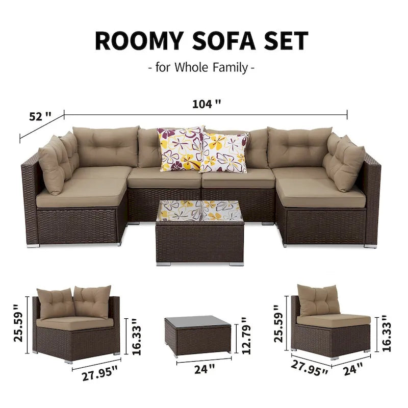 Ensemble de conversation Moasis 7 pièces pour patio, comprenant un canapé d'angle extérieur avec coussins et une table basse, idéal pour le jardin, le balcon ou la cour.