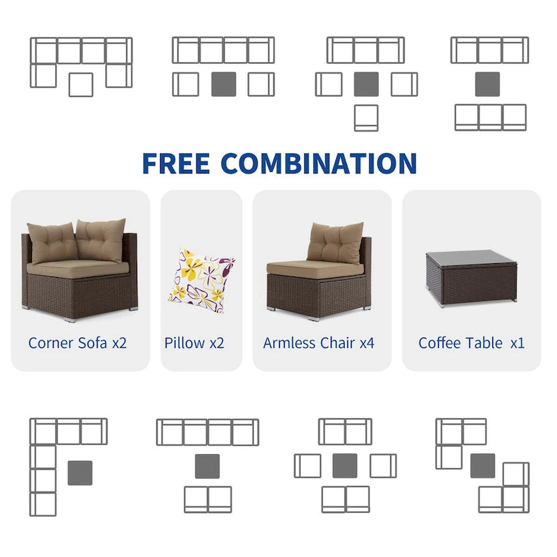 Ensemble de conversation Moasis 7 pièces pour patio, comprenant un canapé d'angle extérieur avec coussins et une table basse, idéal pour le jardin, le balcon ou la cour.