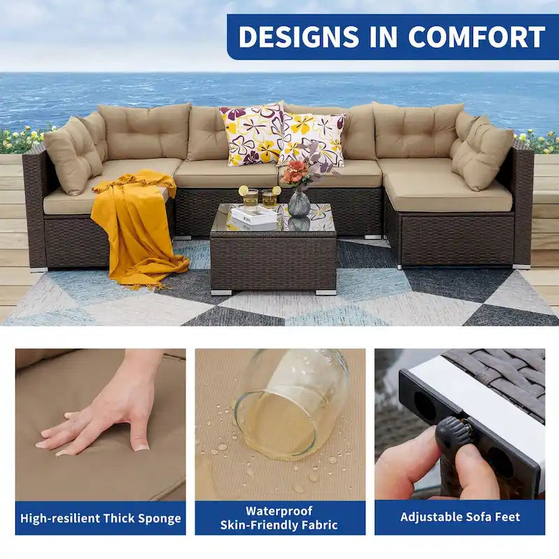 Ensemble de conversation Moasis 7 pièces pour patio, comprenant un canapé d'angle extérieur avec coussins et une table basse, idéal pour le jardin, le balcon ou la cour.