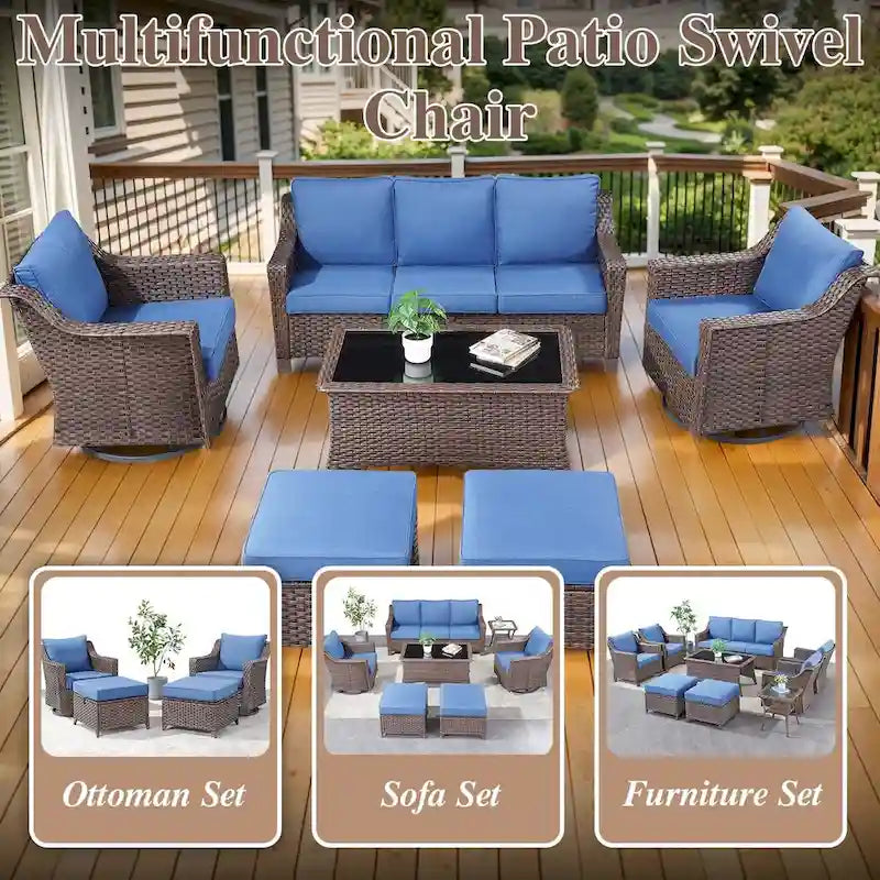 Ensemble bistro de patio pivotant à 360° en résine tressée avec coussin moelleux - Marron