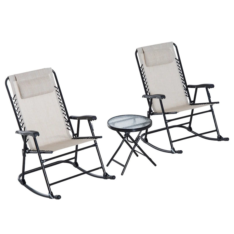 Ensemble de 3 fauteuils à bascule d'extérieur Outsunny avec table basse en verre