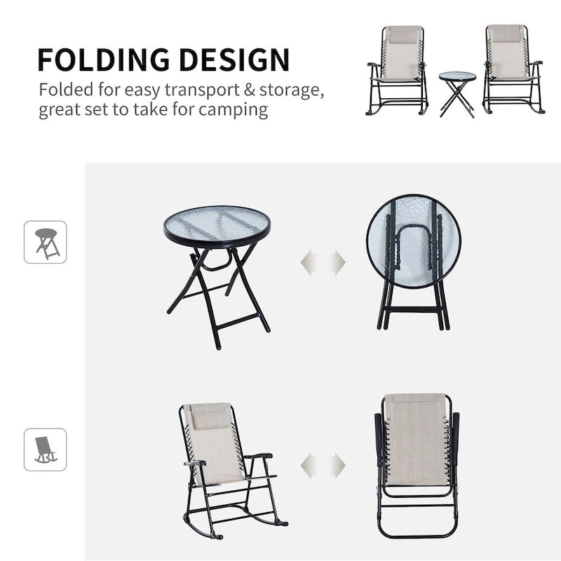 Ensemble de 3 fauteuils à bascule d'extérieur Outsunny avec table basse en verre