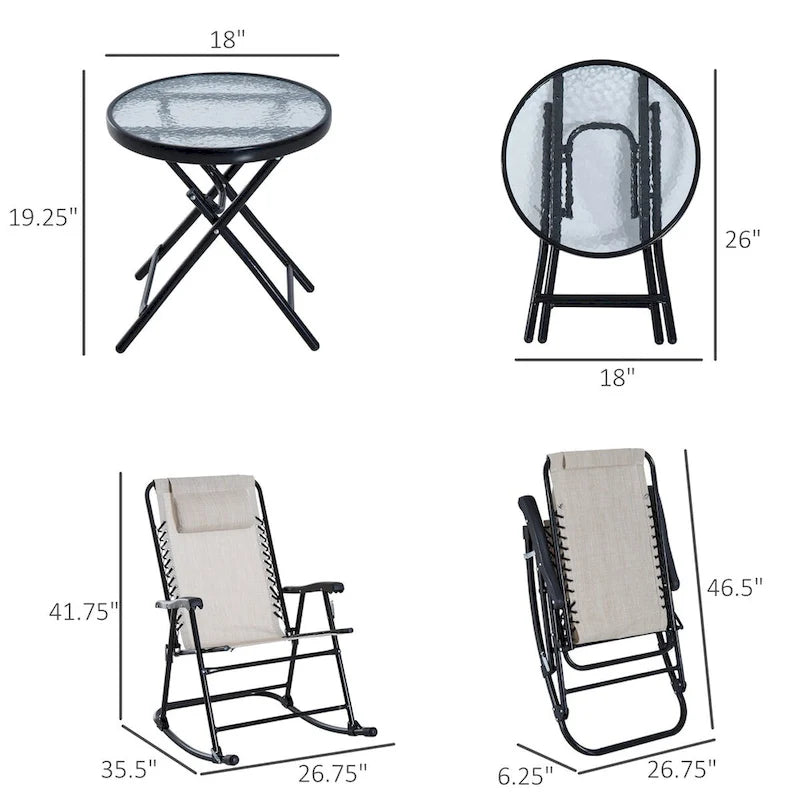 Ensemble de 3 fauteuils à bascule d'extérieur Outsunny avec table basse en verre