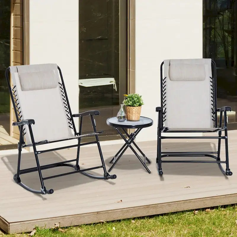 Ensemble de 3 fauteuils à bascule d'extérieur Outsunny avec table basse en verre