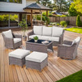 Ensemble canapé 6 pièces en résine tressée avec fauteuil à bascule, pouf et table basse - Marron
