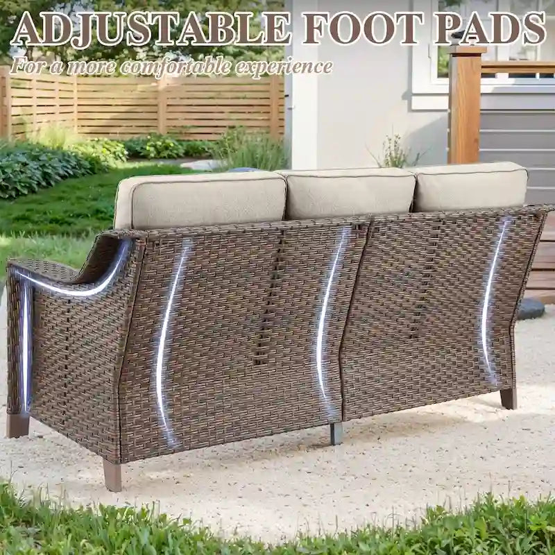 Ensemble canapé 6 pièces en résine tressée avec fauteuil à bascule, pouf et table basse - Marron
