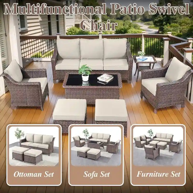 Ensemble canapé 6 pièces en résine tressée avec fauteuil à bascule, pouf et table basse - Marron