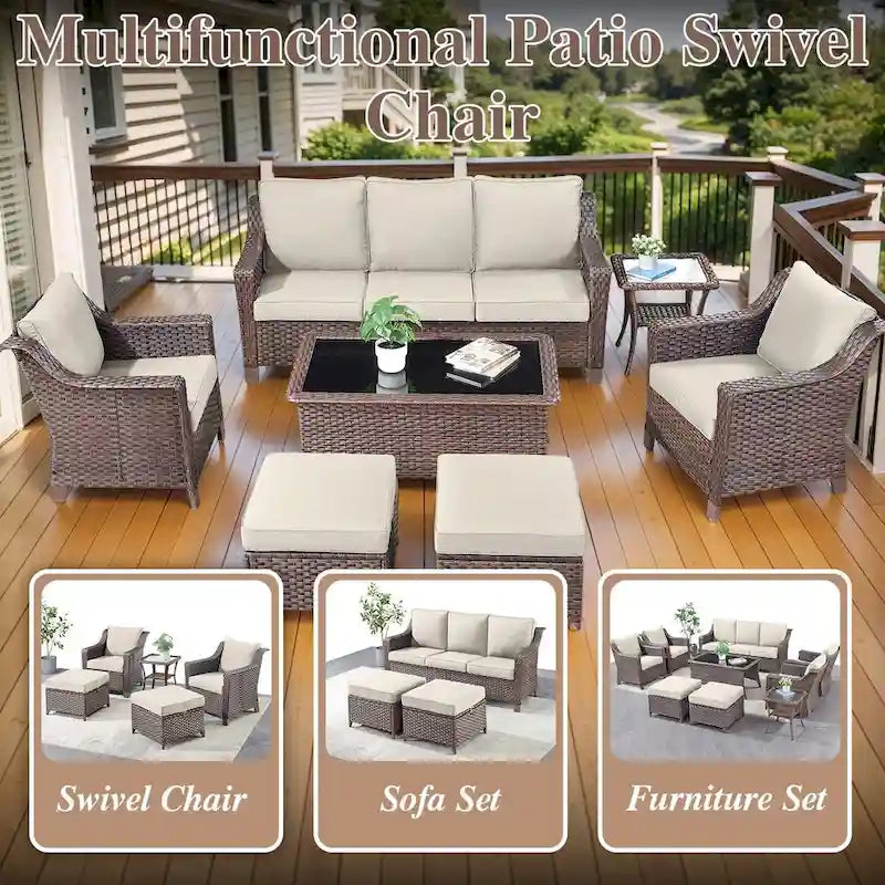 Ensemble canapé 6 pièces en résine tressée avec fauteuil à bascule, pouf et table basse - Marron