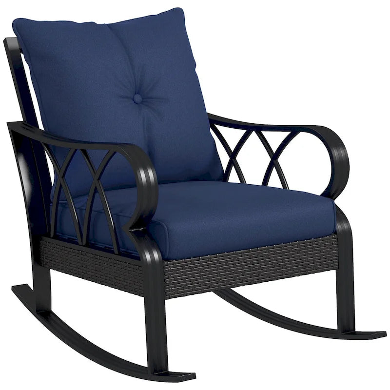 Fauteuil à bascule d'extérieur en osier, avec coussins rembourrés et accoudoirs
