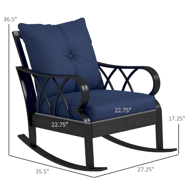 Fauteuil à bascule d'extérieur en osier, avec coussins rembourrés et accoudoirs