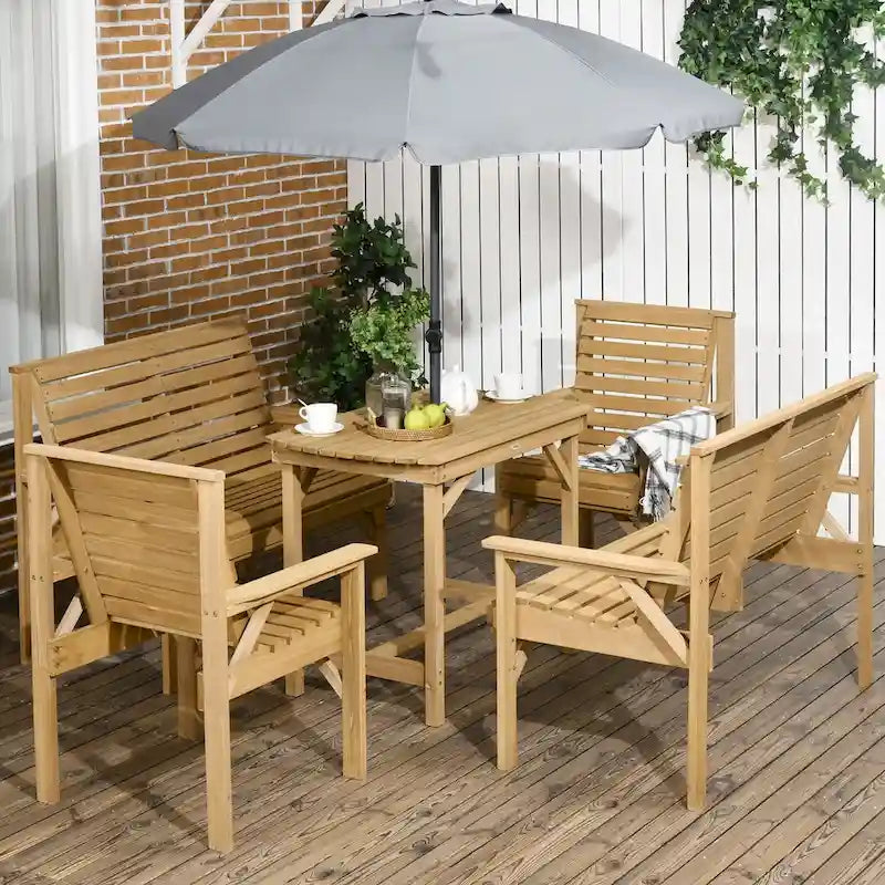 Ensemble de salle à manger d'extérieur en bois 5 pièces pour 6 personnes comprenant 2 fauteuils, 2 causeuses et 1 table avec trou pour parasol.