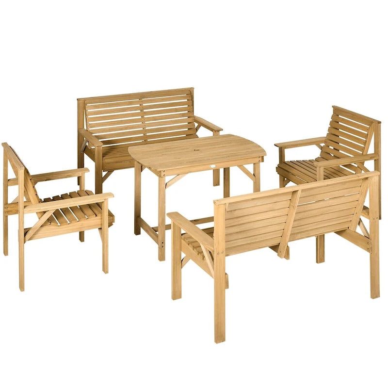 Ensemble de salle à manger d'extérieur en bois 5 pièces pour 6 personnes comprenant 2 fauteuils, 2 causeuses et 1 table avec trou pour parasol.