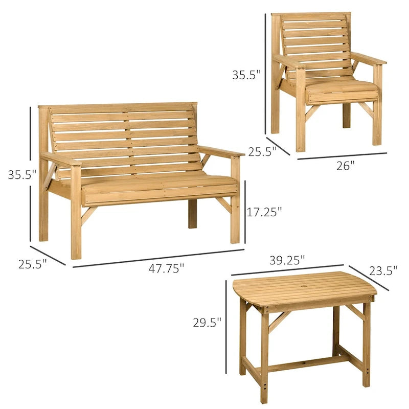 Ensemble de salle à manger d'extérieur en bois 5 pièces pour 6 personnes comprenant 2 fauteuils, 2 causeuses et 1 table avec trou pour parasol.